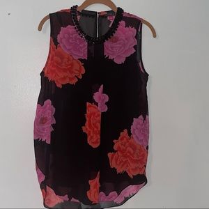VINCE CAMUTO Women Jeweled Neck Blouse Floral Attached Sheer Black Cami Small
